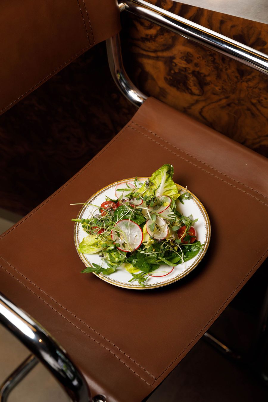 Fresh salad on vintage leather chair